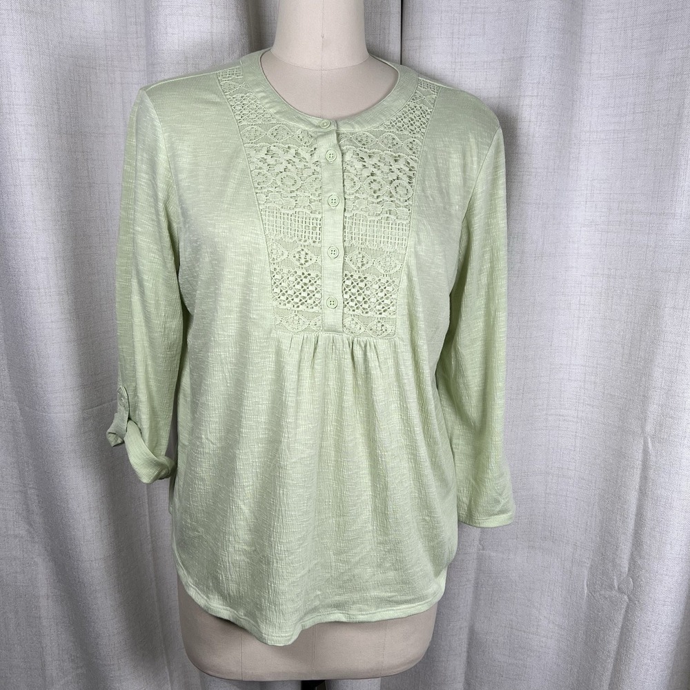 COMO VINTAGE Lace Yoke Henley Top Mint Green 3/4" Roll Tab Sleeves Women's XL